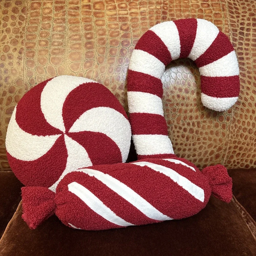 Set Of 3 Candy Cane Peppermint Christmas Cozy Sherpa Pillows PB Dupe